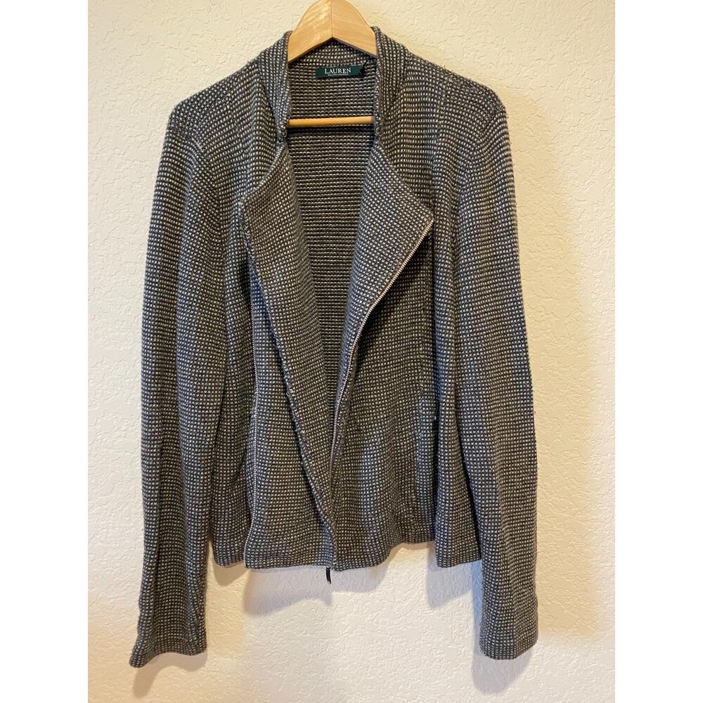 Ralph Lauren Cardigan Sweater L Birdseye Gray Ivory Equestrian Old Money Preppy